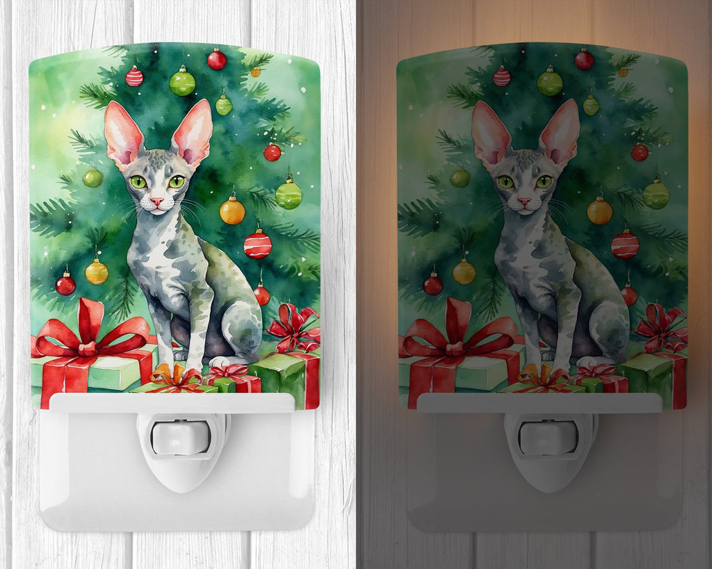 Cornish Rex Cat By the Christmas Tree Ceramic Night Light