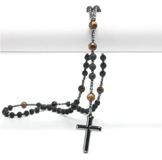 Men's Hematite Cross Rosary Necklace with Stones
