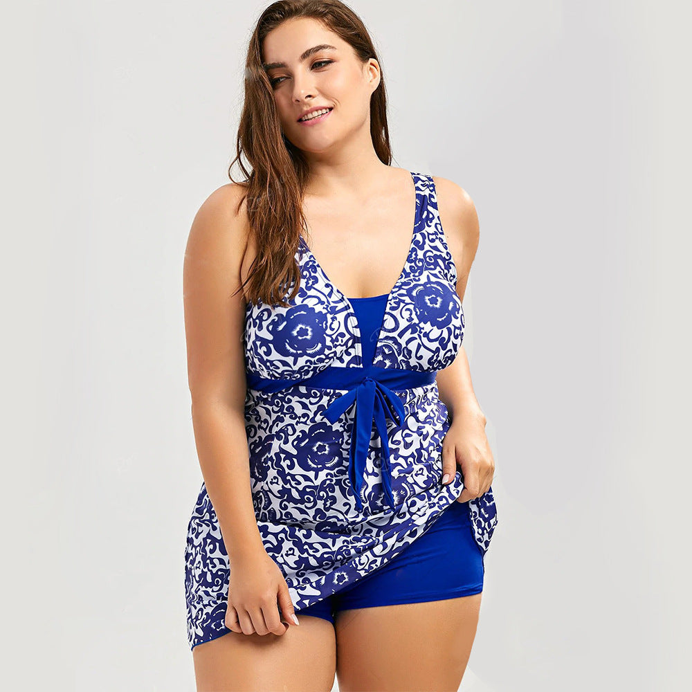 Plus Size Blue Floral Skirted Swim Dress