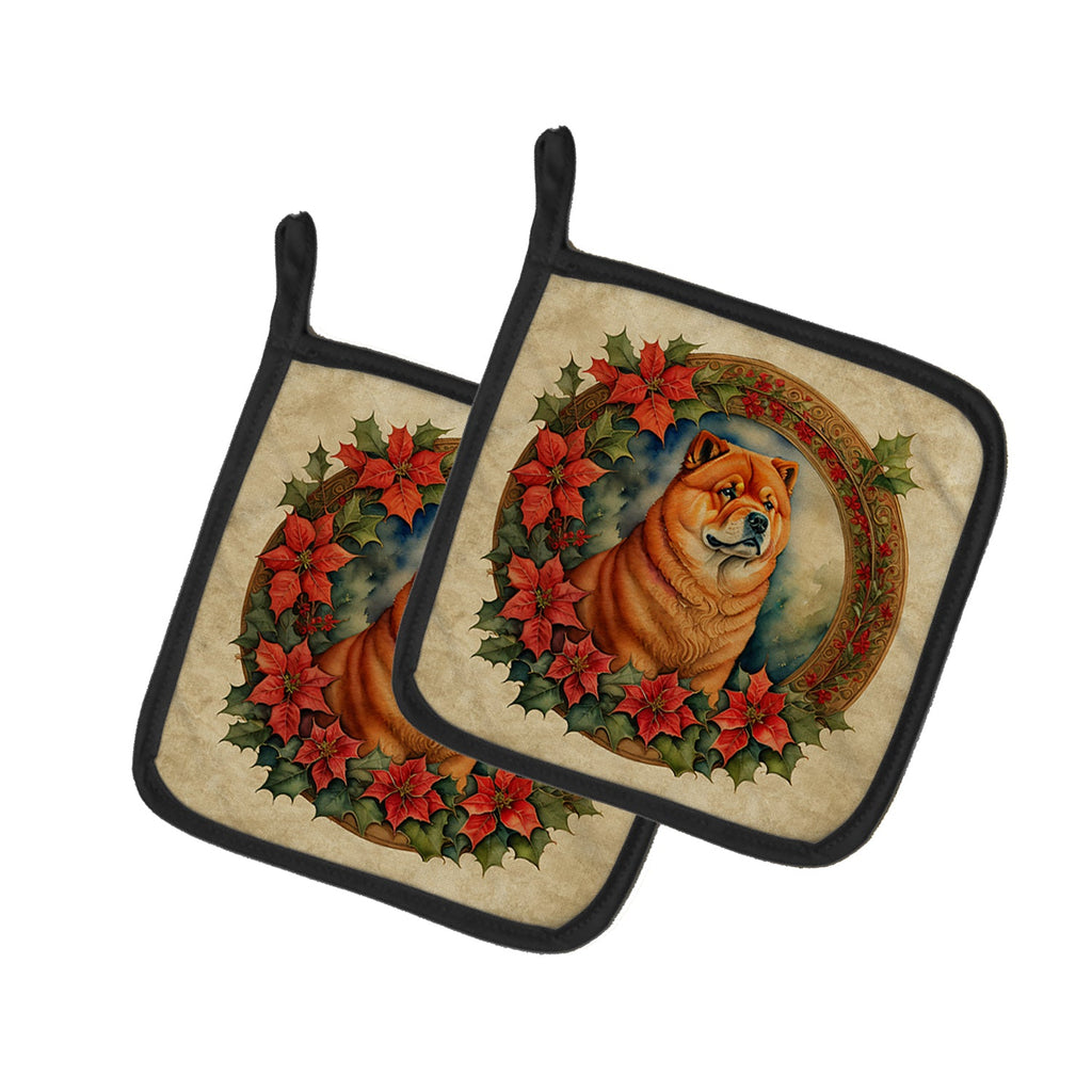 Chow Chow Christmas Flowers Pair of Pot Holders