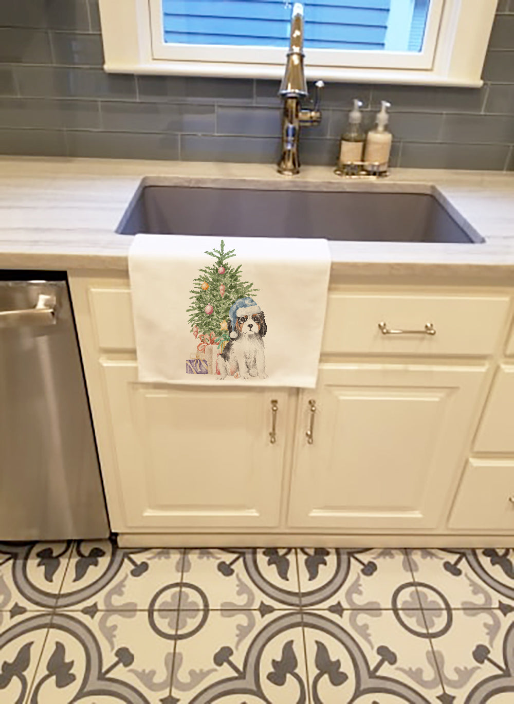 Cavalier Spaniel Tricolor Puppy Christmas Presents and Tree Kitchen Towel Set of 2