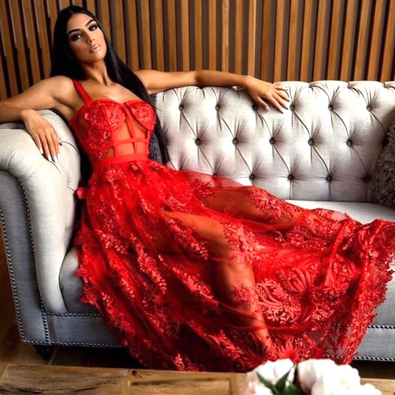 Lace-Trimmed Mesh Maxi Dress with Spaghetti Straps