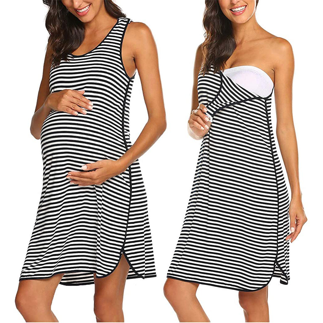 Women's Striped Maternity Sleeveless Nightgown Dress