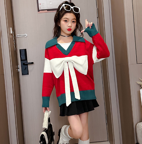 Cute Red Knitted Bow Top for Women - Christmas Style