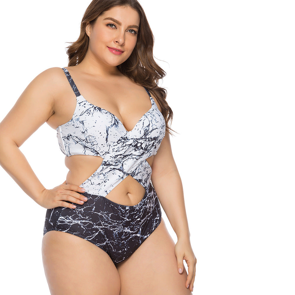 2020 Women's Marble Print Steel Support Swimsuit Plus Size