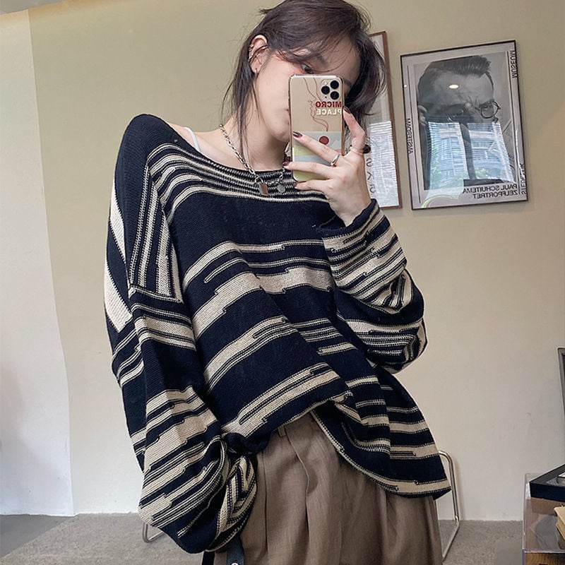 Striped Loose Round Neck Knit Sweater for Women