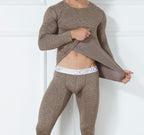 Men's Thermal Underwear Set - Round Neck Plush Top & Pants
