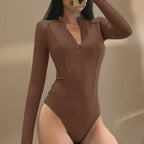 Winter Women's Zipper Long Sleeve Solid Color Bodysuit