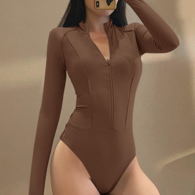 Winter Women's Zipper Long Sleeve Solid Color Bodysuit
