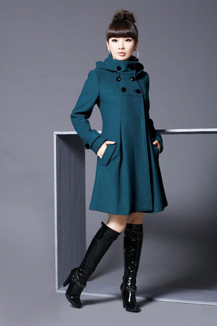 Woolen Double-Breasted Cape Trench Coat with Hood