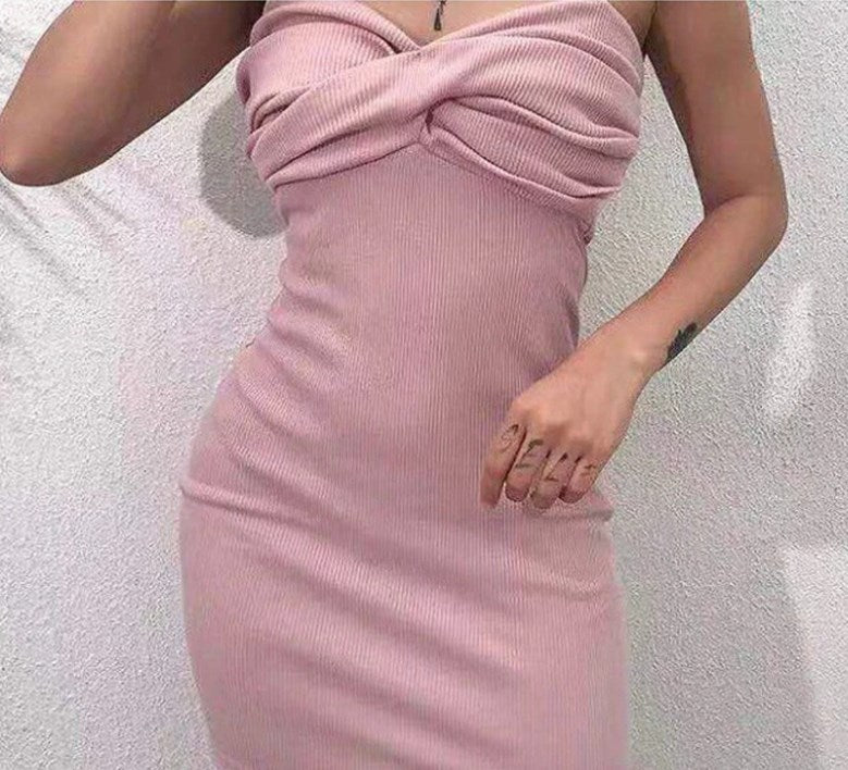 Summer 2019 Women's Sexy Ruched Dress with Chain Straps