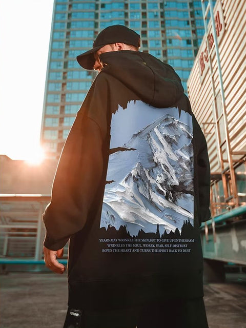 Autumn Snow Mountain Graphic Oversized Hoodie for Men | Streetwear