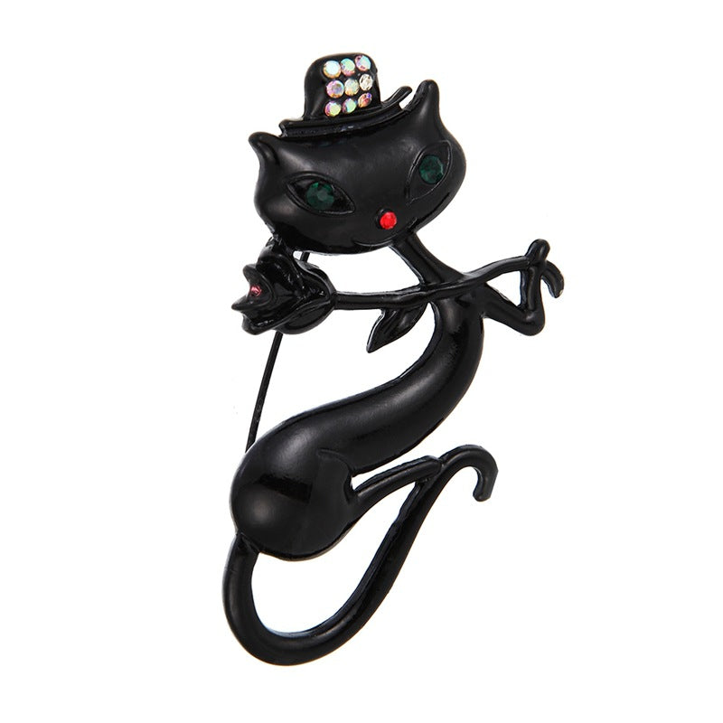 Korean Black Cat Brooch with Rose Design