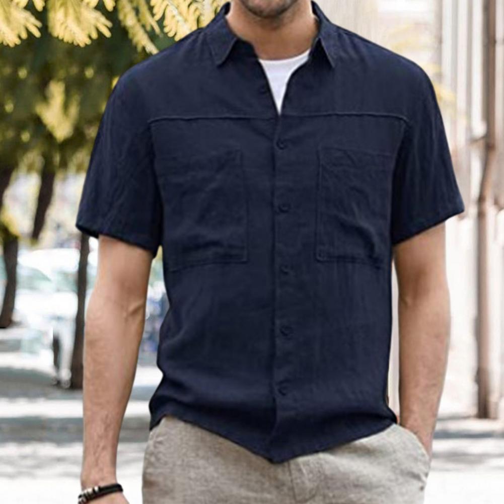 Men's Casual Short Sleeve Cardigan Shirt with Pockets