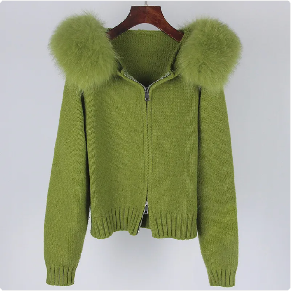 Hooded Sweater with Real Fox Fur Collar