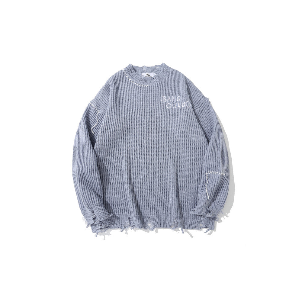 Dark Embroidered Ripped Letter Print Sweater for Men