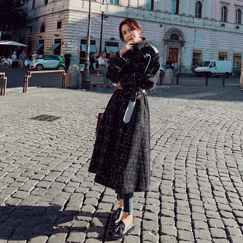 Plaid Fringed Shawl Waist Long Woolen Coat for Women