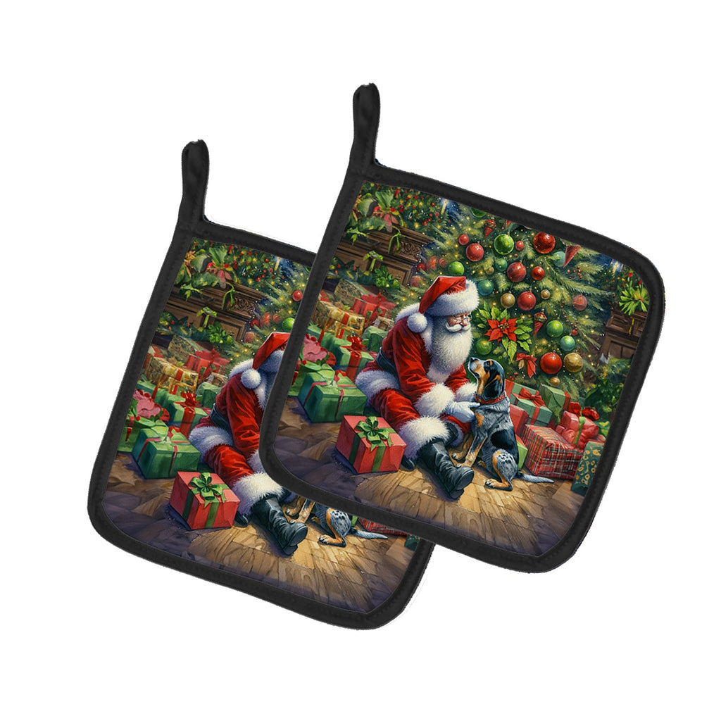 Bluetick Hound and Santa Claus Pair of Pot Holders