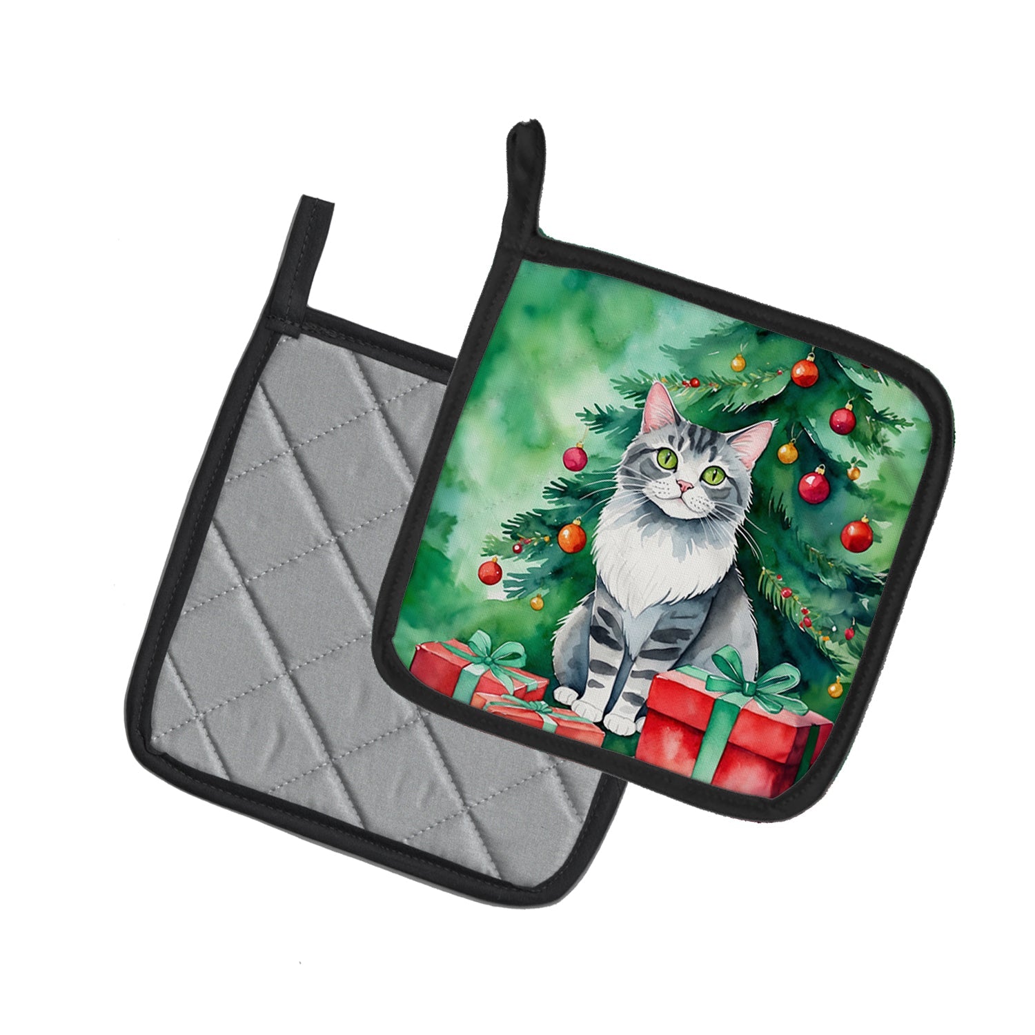 Foldex Exotic Fold Cat By the Christmas Tree Pair of Pot Holders