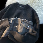 Denim Spliced Knitwear Sweater for Men in Autumn