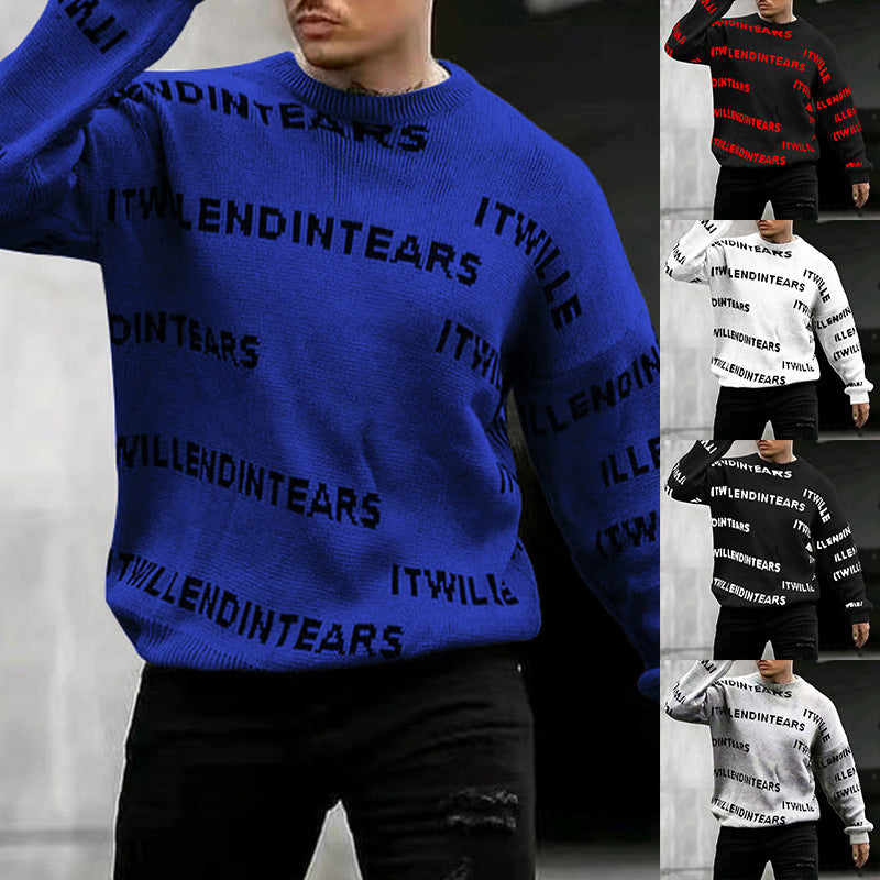 Men's Letter Print Casual Sweater - Loose Round Neck
