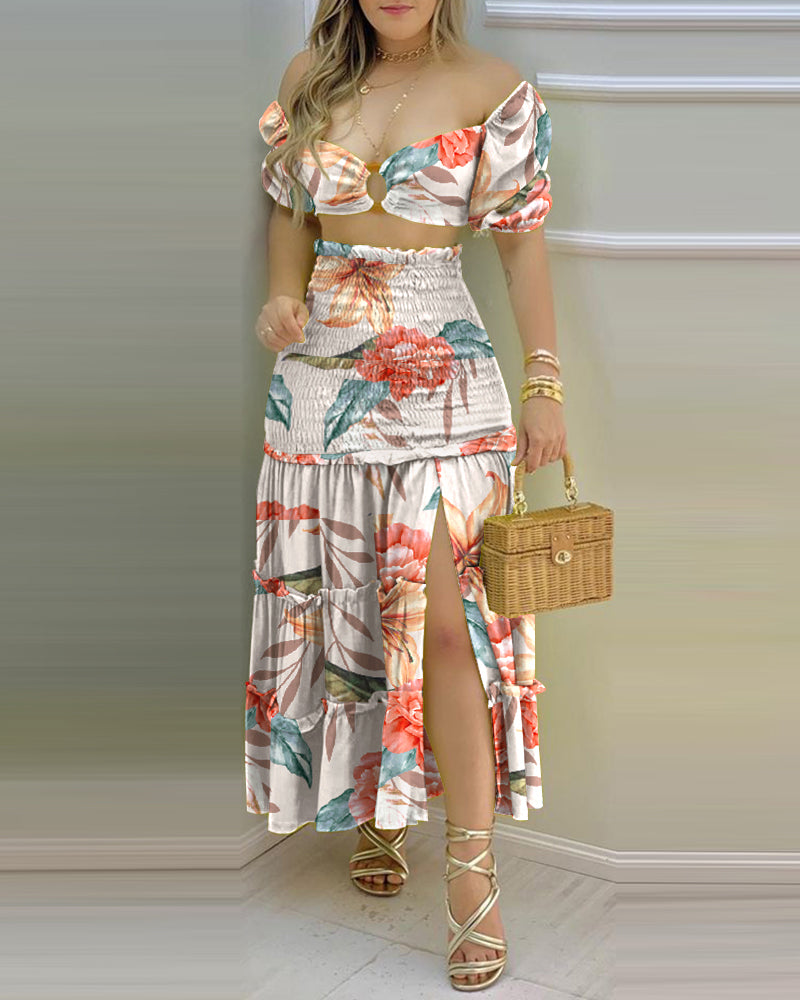 Floral Print Crop Top and High Waist Maxi Skirt Set
