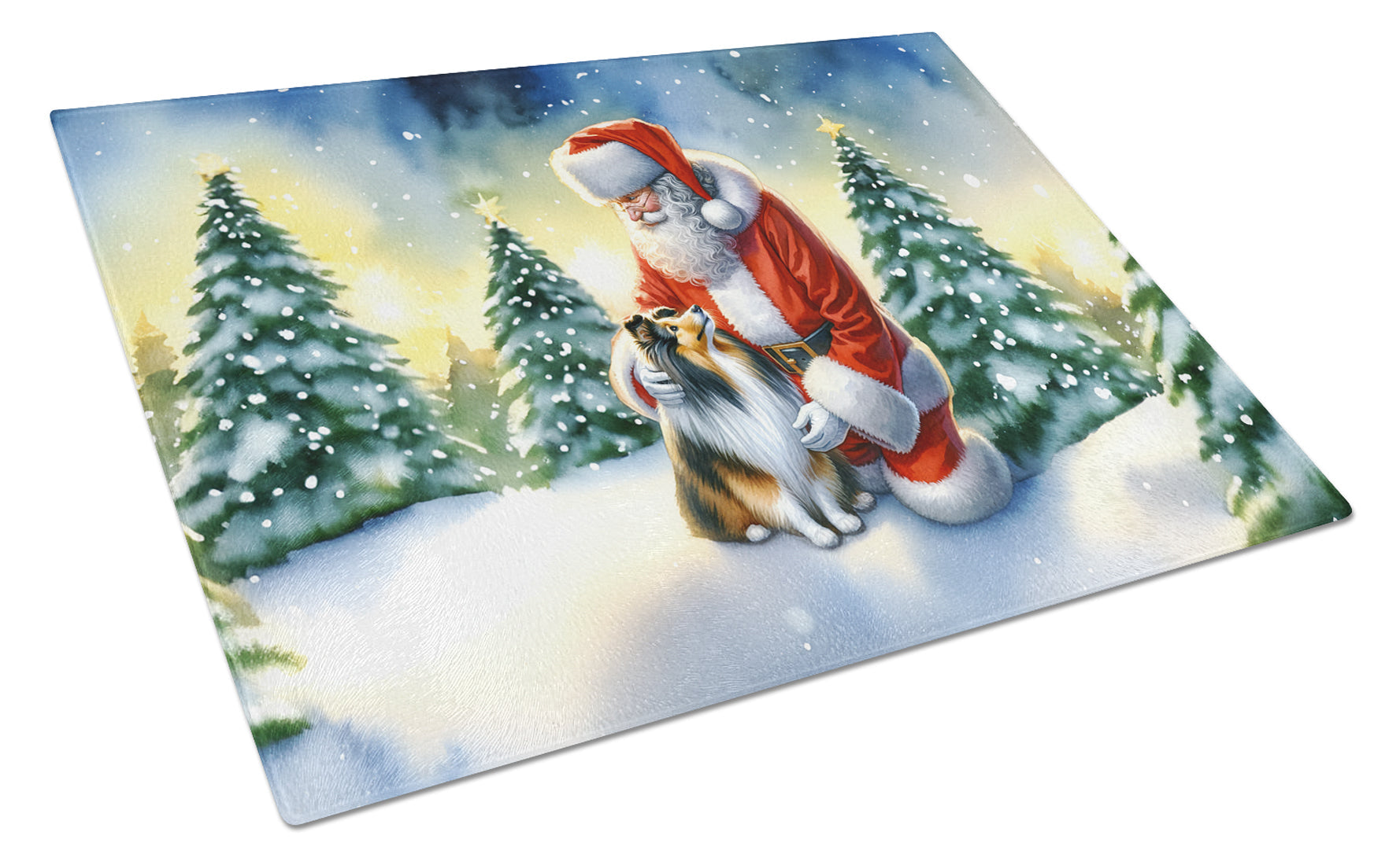Sheltie and Santa Claus Glass Cutting Board