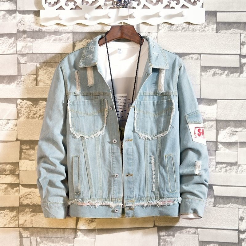 Trendy Korean Loose Fit Men’s Denim Patchwork Jacket