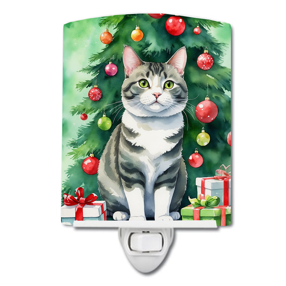 Korean Bobtail Cat By the Christmas Tree Ceramic Night Light