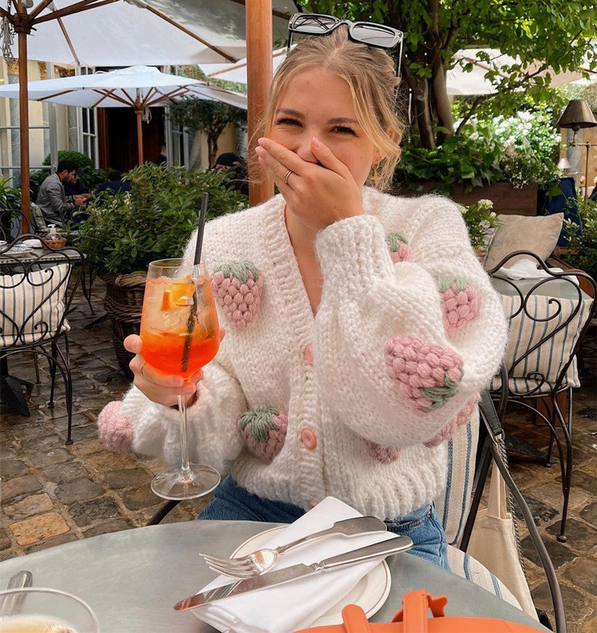 Handmade Strawberry Knitted Cardigan for Women