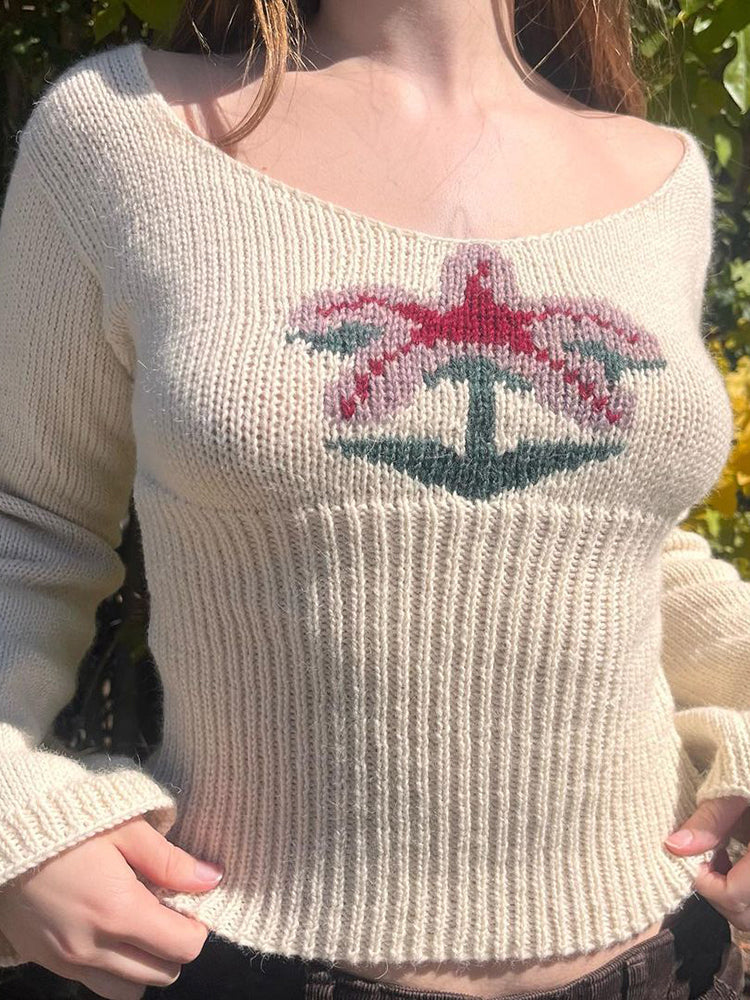 IAMSURE Vintage Basic Slim Printed Cropped Sweater