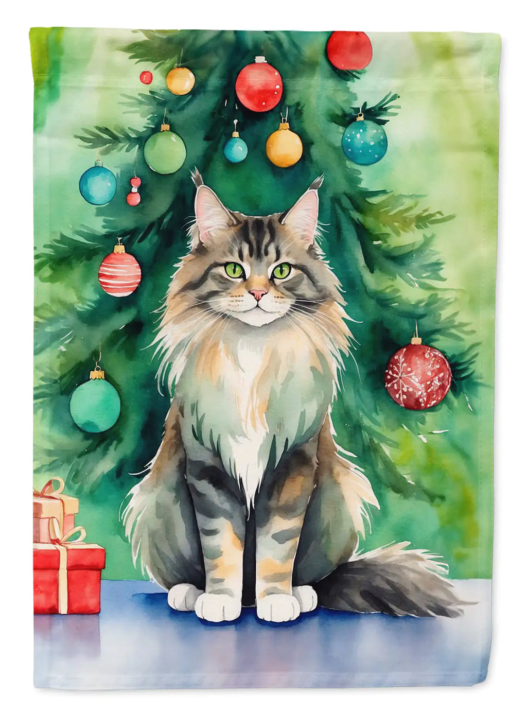 MaineCoon Cat By the Christmas Tree House Flag
