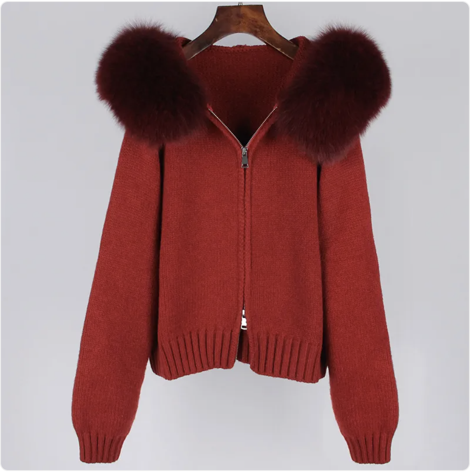 Hooded Sweater with Real Fox Fur Collar