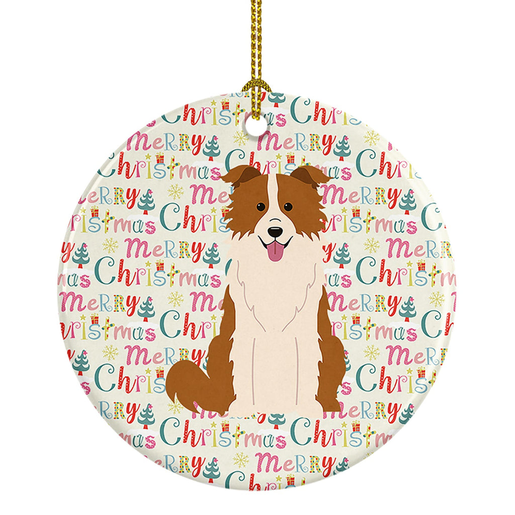 Merry Christmas Border Collie Red White Ceramic Ornament