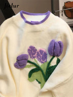Jielur Women’s Soft Knitted Tulip Flower Sweater