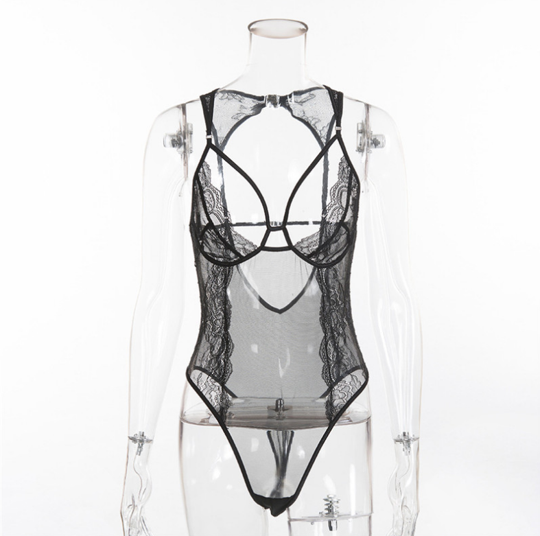 Lace-Trimmed Backless Bodysuit with Metal Accents