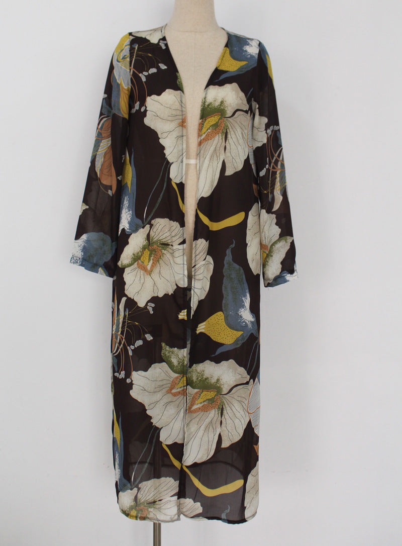 Long Chiffon Beach Cover-Up with Floral Print for Women