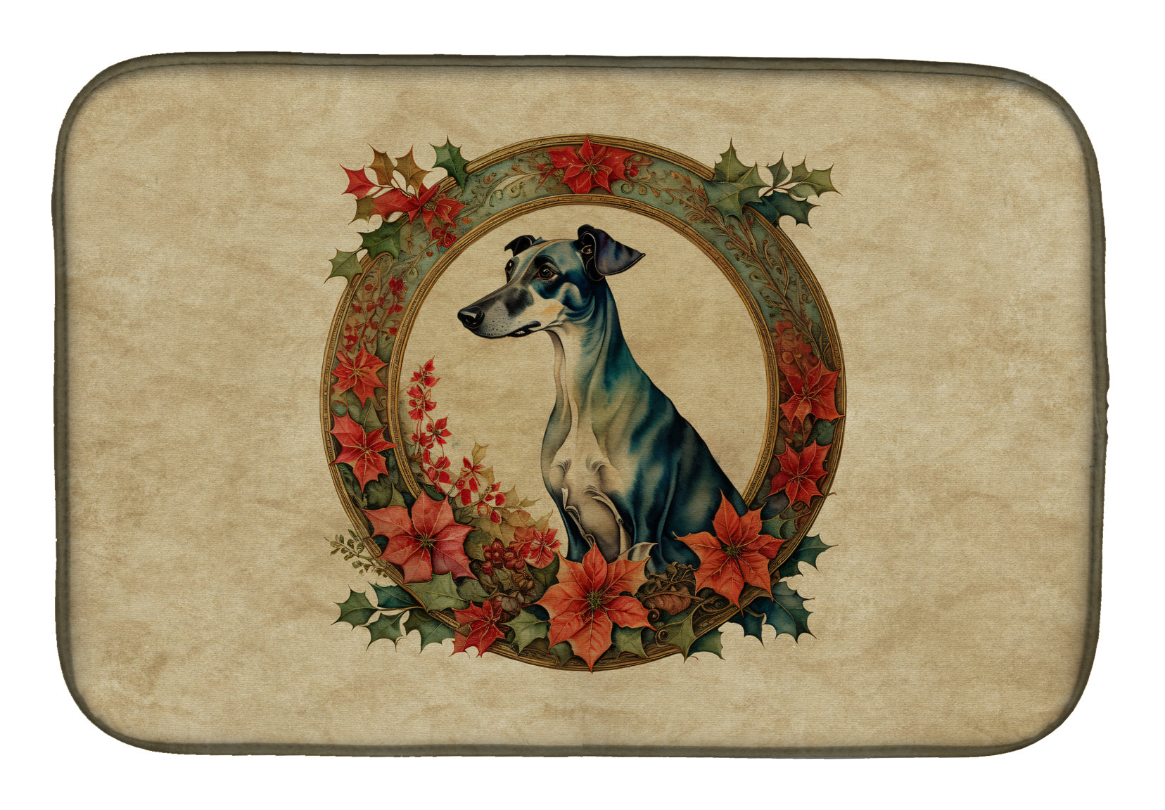 Greyhound Christmas Flowers Dish Drying Mat
