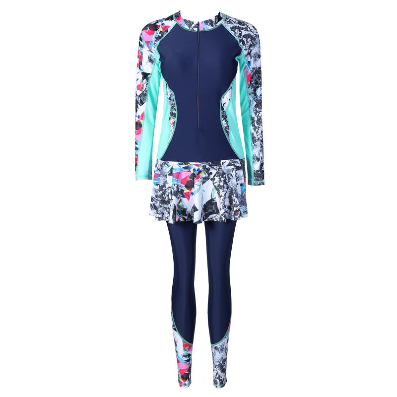 One-Piece Long Sleeve Swimsuit with Skirt