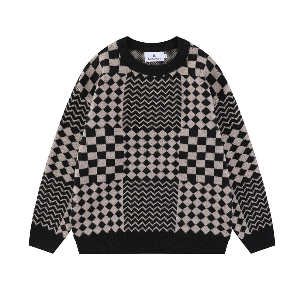 Men's Checkerboard Knit Pullover Sweater | Streetwear
