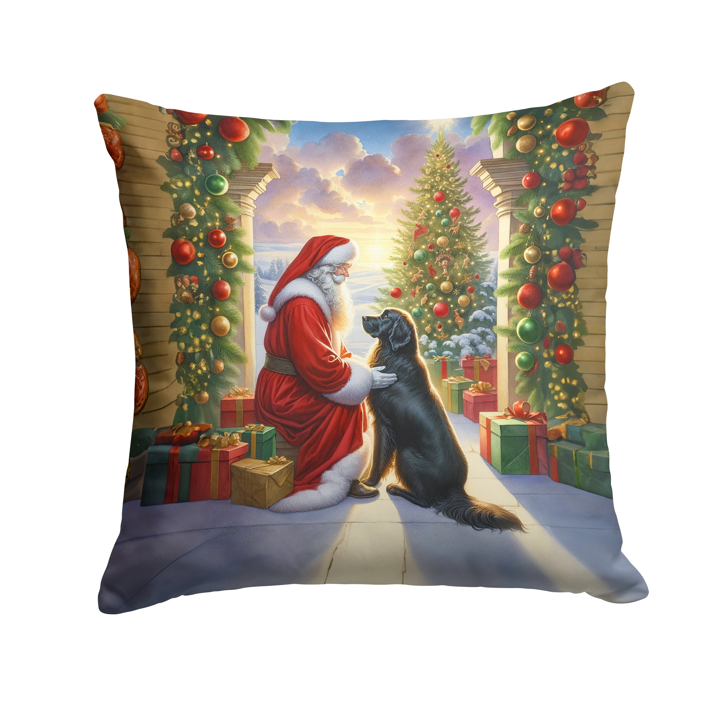 Flat-Coated Retriever and Santa Claus Throw Pillow