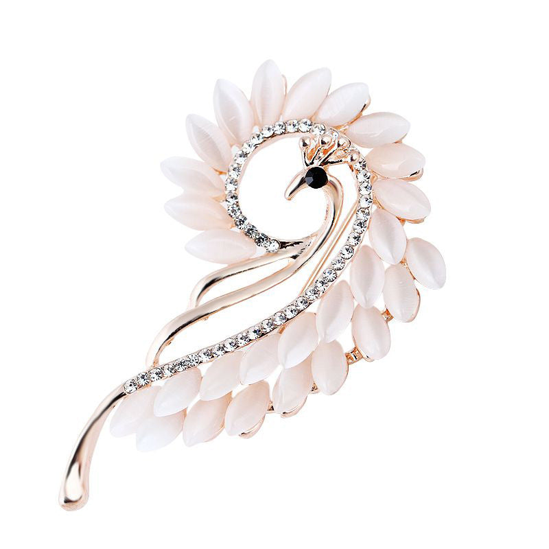 Cat Eye Stone Peacock Brooch with Rhinestones