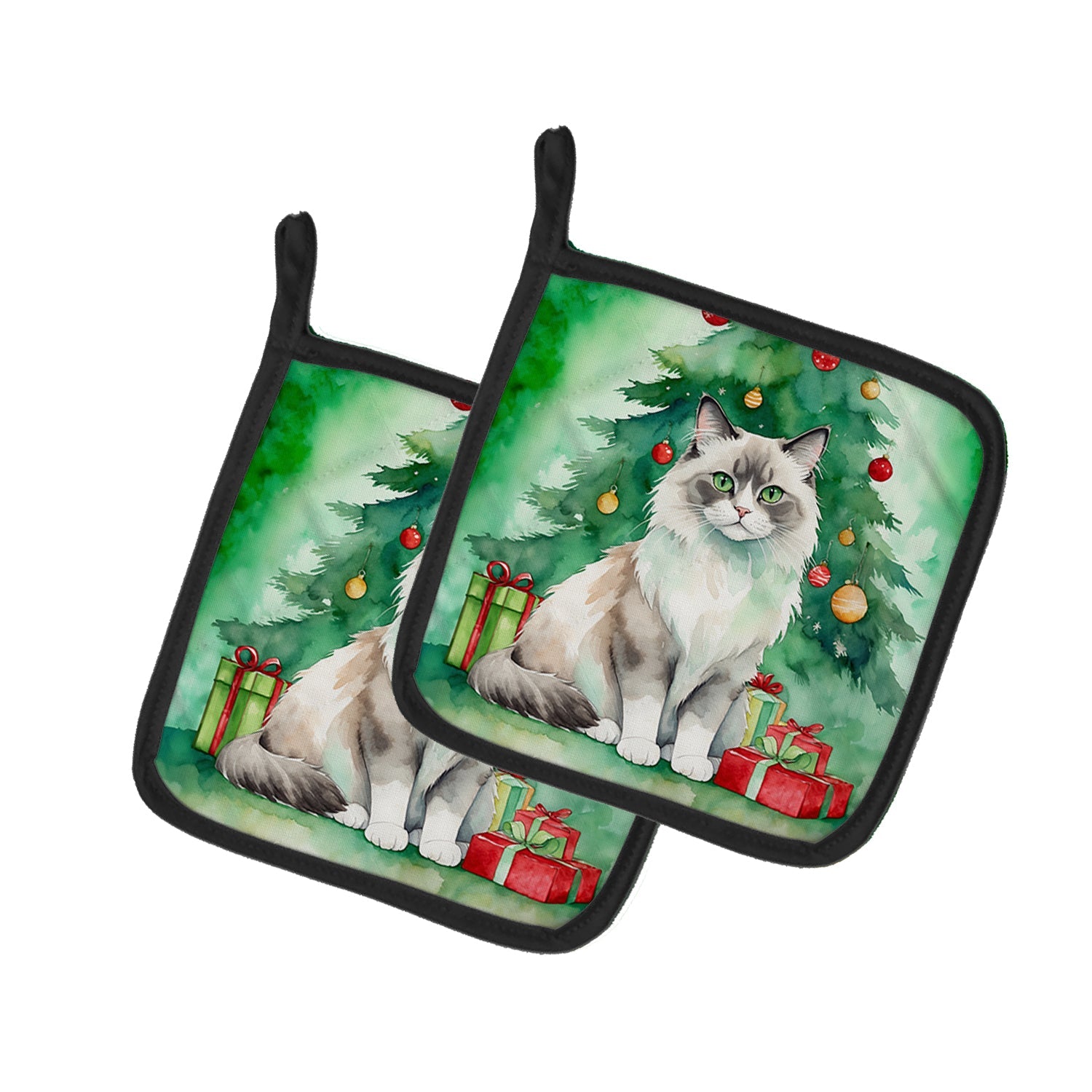 Ragdoll Cat By the Christmas Tree Pair of Pot Holders