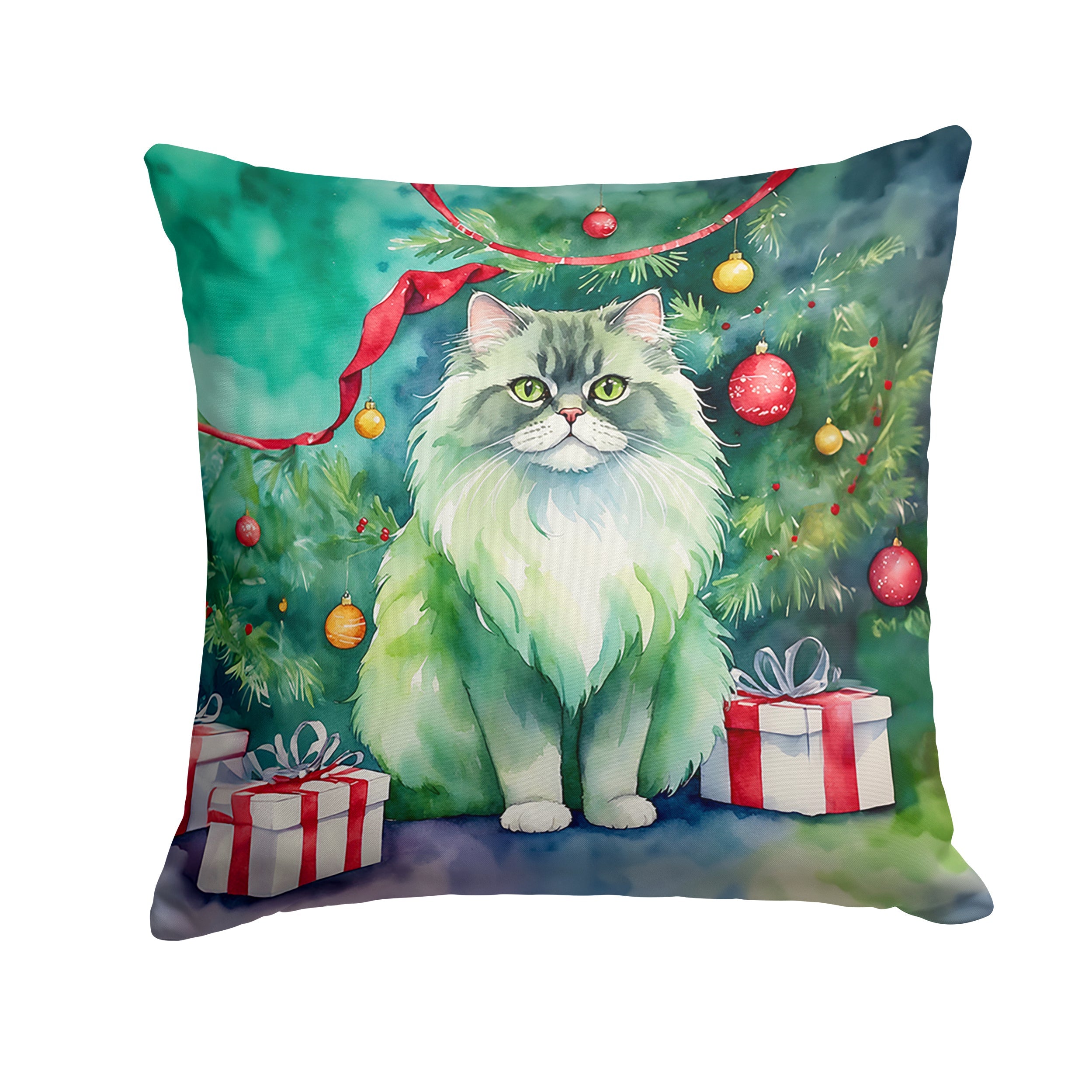 Persian Cat By the Christmas Tree Throw Pillow