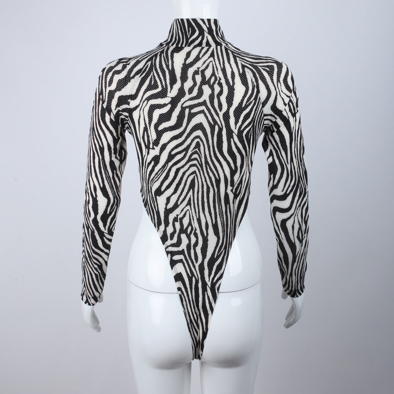 Ins Sexy Zebra Print Bodysuit with High Neck