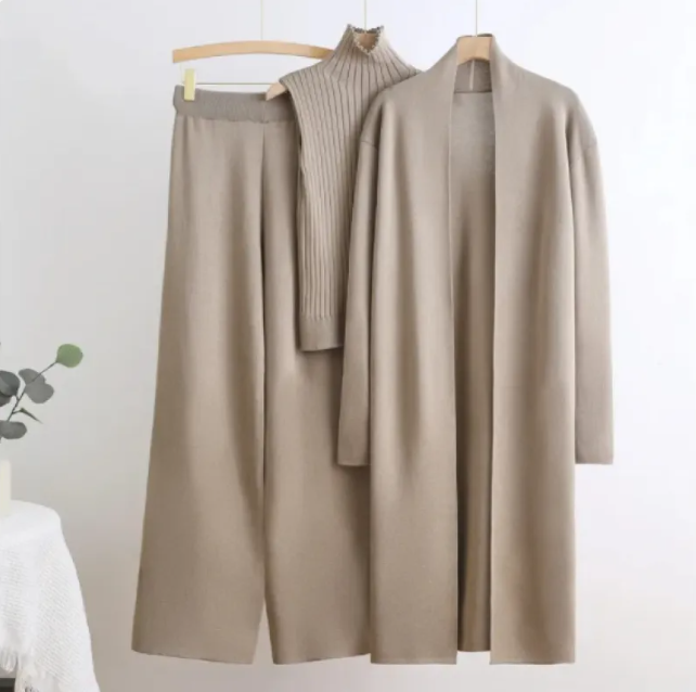 Elastic Waist Wide Leg Pants Knit Three-Piece Set