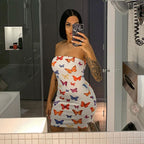 Sexy Butterfly Print Strapless Dress for Women