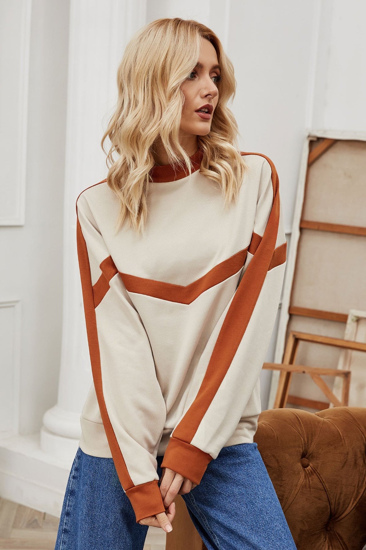 Loose Women's Color Matching Pullover Sweater Top | Streetwear