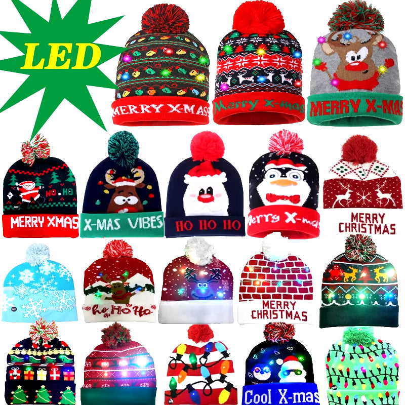 New Style! LED Christmas Hat Beanie Light up Illuminate Warm Hat 48 Patterns New Year Snowman Sweater Hat Christmas Decorations | Embroidered Cap
