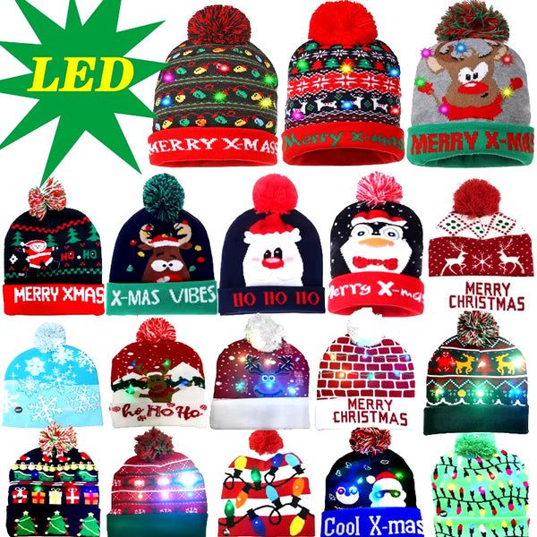 New Style! LED Christmas Hat Beanie Light up Illuminate Warm Hat 48 Patterns New Year Snowman Sweater Hat Christmas Decorations | Embroidered Cap